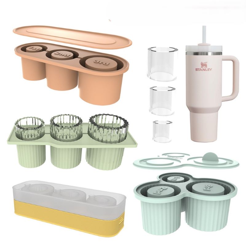 Ice Molds Tray for Tumbler Cup 20oz 30oz 40oz - Stanley Ice Mold 3 in 1 Cylindrical Ice Cube Tray - Soft Silicone Mold with Lid and Bin - Ring Ice Cube Mold for Water Drinks Coffee