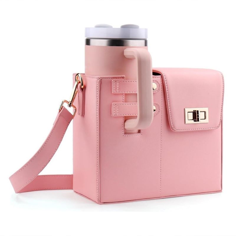 Outdoor Portable Crossbody Water Cup Storage Bag,Portable Leather Water Bottle Bag with Adjustable Shoulder Strap, Water Bottle Carrier Bag with Storage Multifunctional Pocket